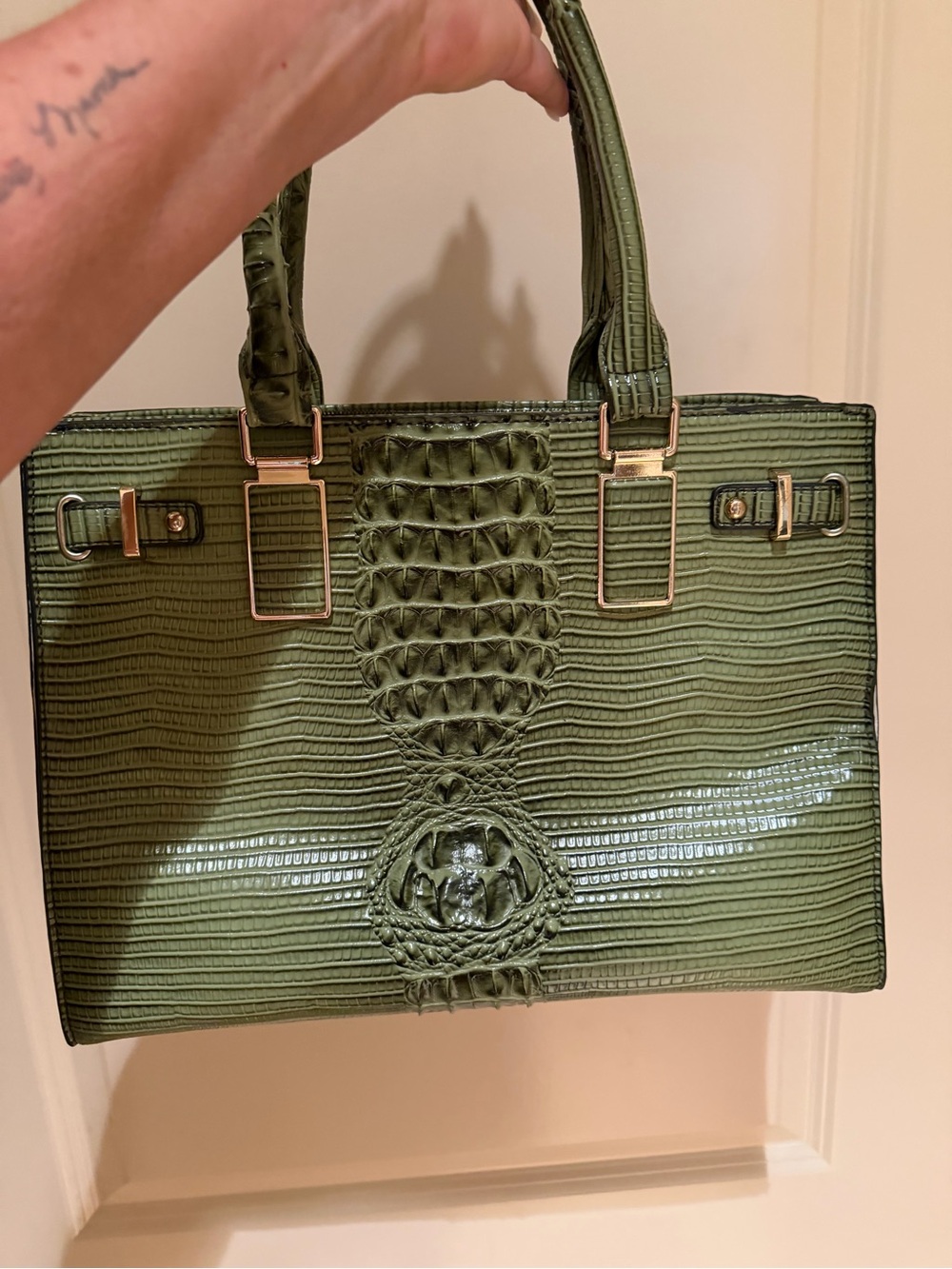 Green Croc-Embossed Tote Handbag